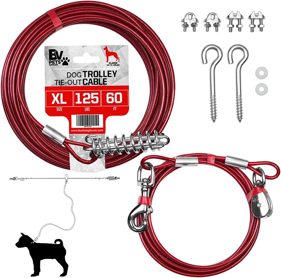 Dog Trolley Cable, Dog Trolley System, Camping for Dogs - up to 125 Lbs | Dog Runner Outside, Dog Cable for Yard Heavy Duty | Dog Cable 60 Ft | Outdoor Camping Zipline (125Lbs/ 60Ft/ Trolley)