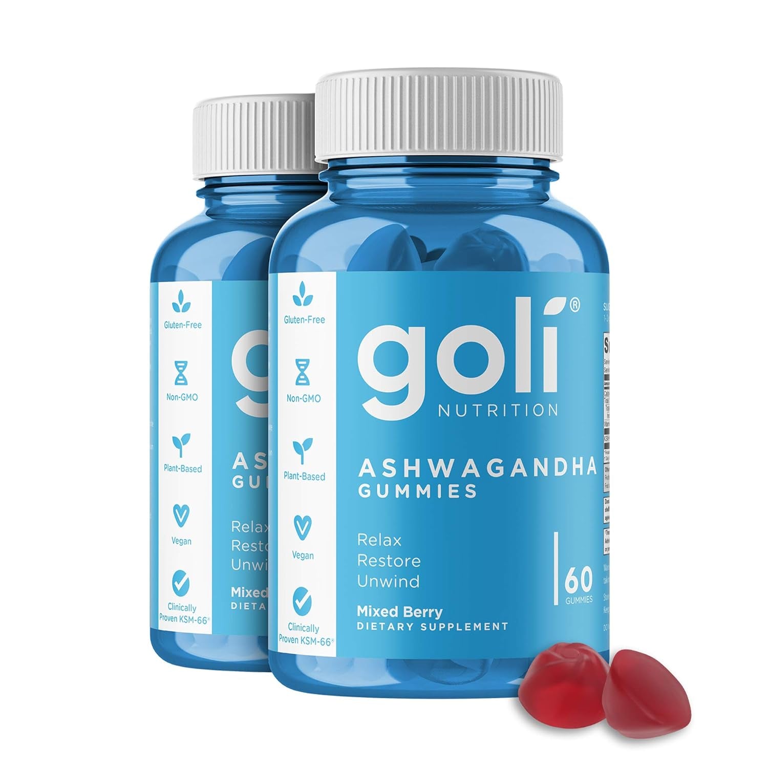 Ashwagandha & Vitamin D Gummy - 60 Count - Mixed Berry, KSM-66, Vegan, Plant Based, Non-Gmo, Gluten-Free & Gelatin Free Relax. Restore. Unwind, Pack of 1